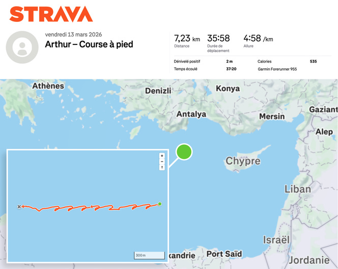 An anonymized Strava post showing the activity that was recorded in the Mediterranean Sea, on March 13, 2026. An anonymized Strava post showing the activity that was recorded in the Mediterranean Sea, on March 13, 2026.