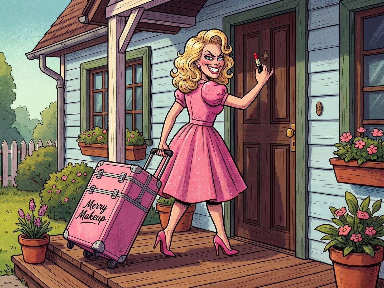 Ellie Evers knocks on the door of a blue house holding the latest Merry Makeup lipstick.