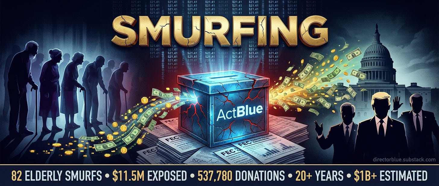 Detailed PromptA cinematic wide-format digital illustration combining political thriller and investigative journalism aesthetics Left third of image a row of elderly people silhouettes (representing the 82 smurfs) standing in shadow their fo_image_1