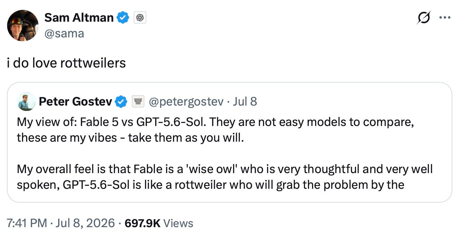 Screenshot of an X (Twitter) exchange: Sam Altman (@sama) replies ”i do love rottweilers” to a quoted post by Peter Gostev (@petergostev, Jul 8) comparing Fable 5 and GPT-5.6-Sol, writing that Fable feels like a ”wise owl” while GPT-5.6-Sol is ”like a rottweiler who will grab the problem by the—” (tweet truncated). Posted 7:41 PM · Jul 8, 2026, with 697.9K views.