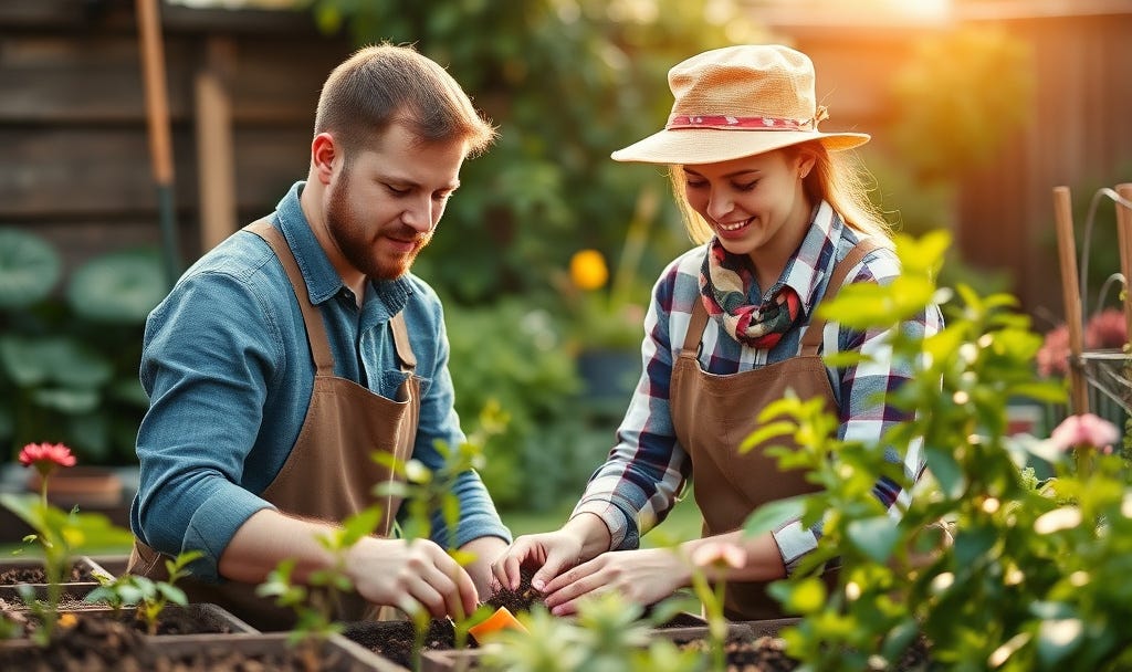 A man and a woman wearing a hat tending to the garden illustrating how we flourish when we become gardener leaders A man and a woman wearing a hat tending to the garden illustrating how we flourish when we become gardener leaders