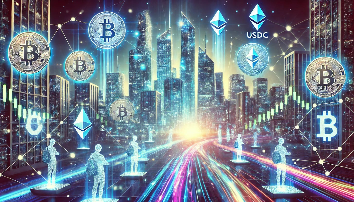 A futuristic digital artwork illustrating a thriving financial ecosystem centered on stablecoins. The composition features a high-tech cityscape with glowing skyscrapers, each adorned with holographic symbols of major stablecoins like USDT, USDC, and DAI. Streams of bright, neon data flows symbolize on-chain transactions, connecting people using transparent, advanced devices in the foreground. The environment is dynamic and technologically advanced, emphasizing stability and innovation in the crypto economy. The color scheme is a mix of electric blues and neon highlights, representing a modern and digital financial system.