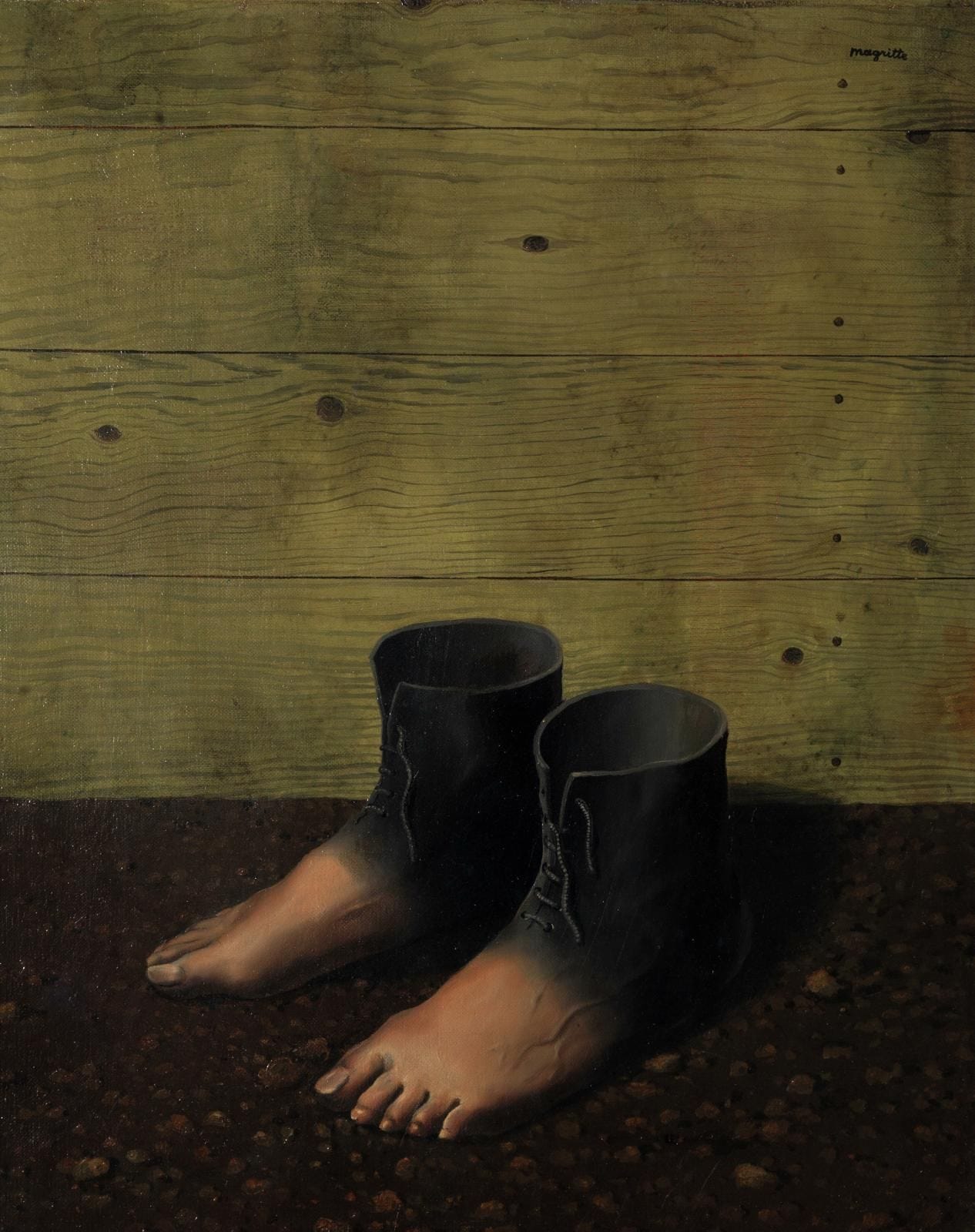 The Red Model by René Magritte: a pair of boots that turn into bare human feet on pebbly ground before a plank wall The Red Model by René Magritte: a pair of boots that turn into bare human feet on pebbly ground before a plank wall