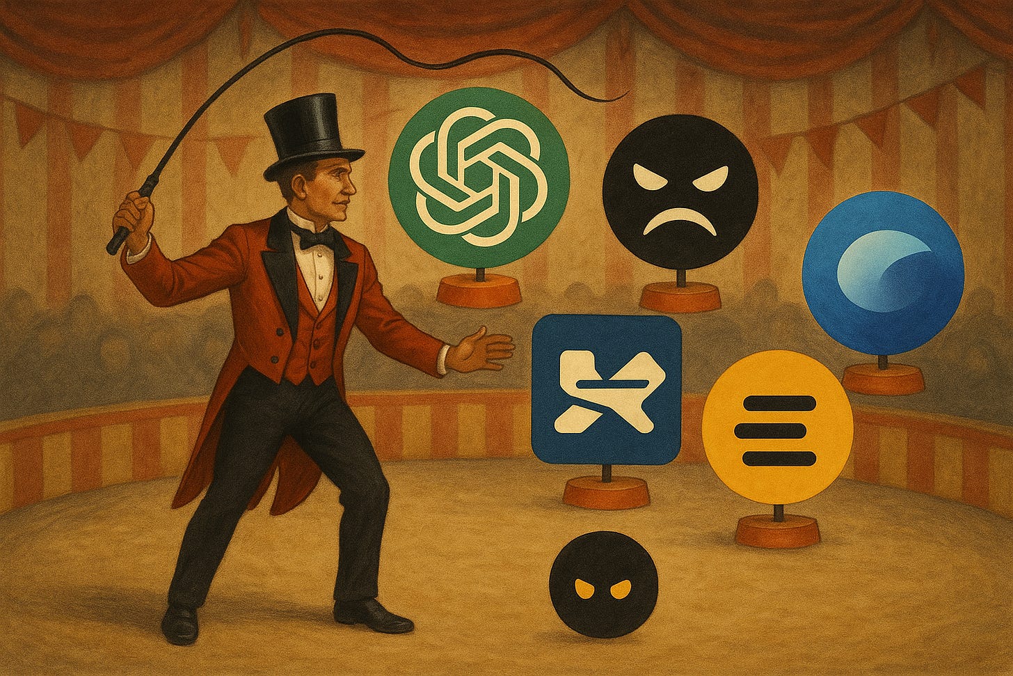 Satirical circus illustration of a ringmaster taming major AI tools—ChatGPT, Grok, Copilot, Gemini, and Claude—under a vintage big top. A visual metaphor for the struggle to control AI in education, media, and tech culture. Ideal for Substack posts on AI commentary, tech skepticism, or digital literacy."