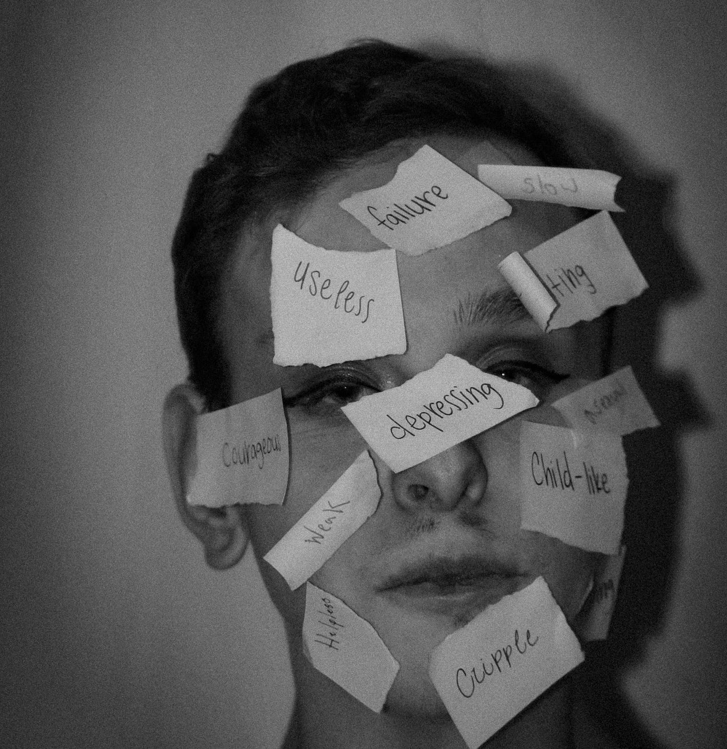a woman with sticky notes on her face