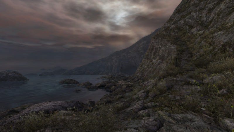 Virtual landscape featuring a rocky cliffside and ocean Virtual landscape featuring a rocky cliffside and ocean