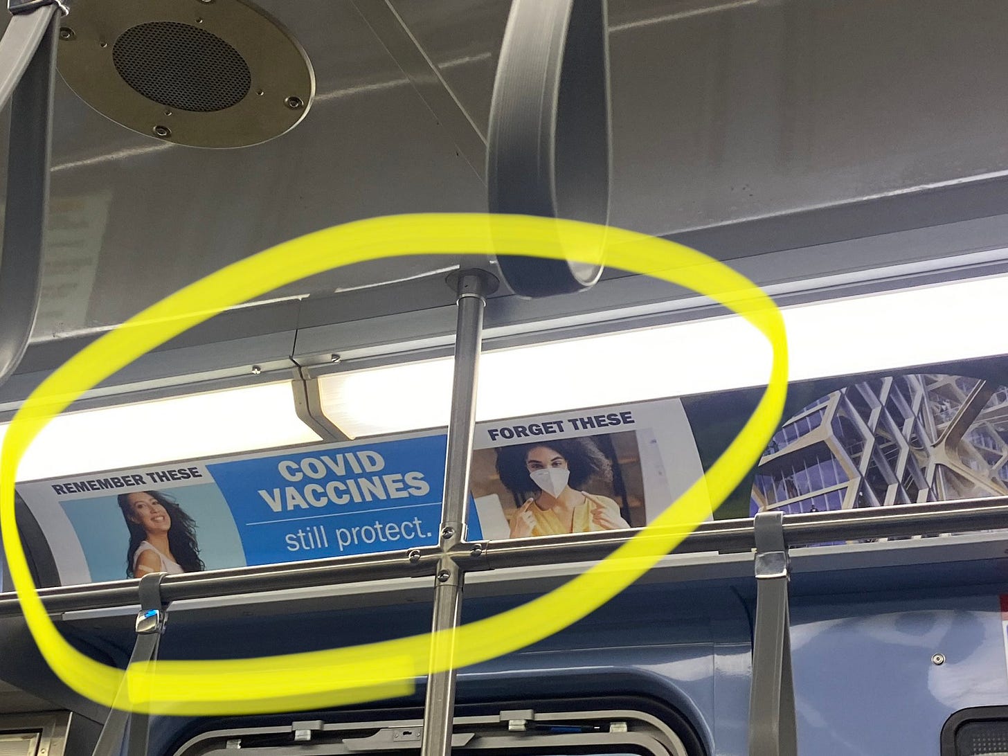“COVID vaccines still protect. Remember these [photo of woman with bandaid on shoulder] Forget these [photo of woman in mask.]