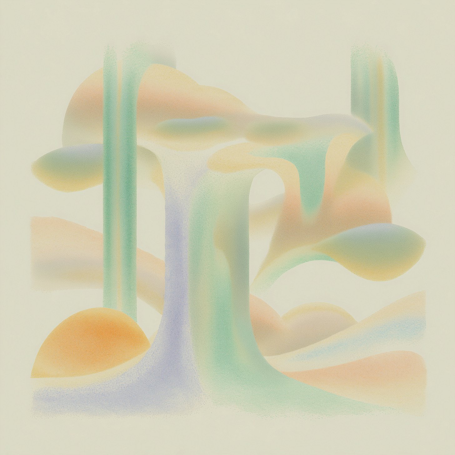 An abstract image featuring soft, organic shapes in pastel colors. The colors, including pale green, light orange, and lavender, appear to blend into one another. The shapes have a subtle, grainy texture, and some seem to connect and overlap, creating a gentle, flowing composition. The overall effect is dreamlike and soft.