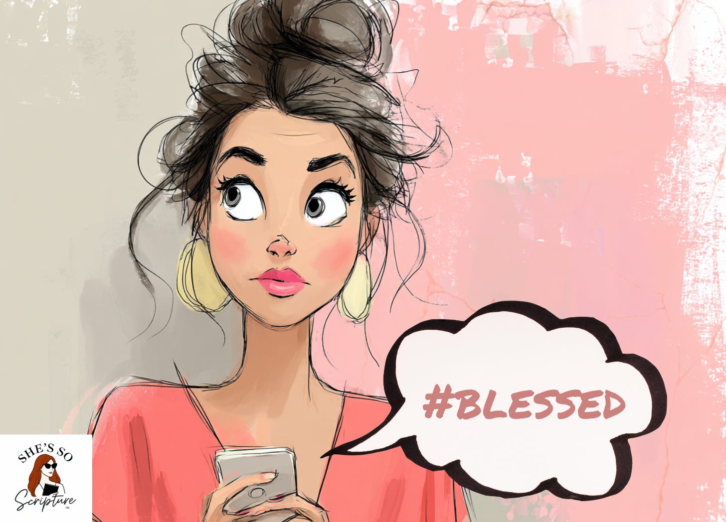Whimsical fashion illustration of a woman with a messy bun looking at her phone with a confused expression against a soft blush pink watercolor background Whimsical fashion illustration of a woman with a messy bun looking at her phone with a confused expression against a soft blush pink watercolor background