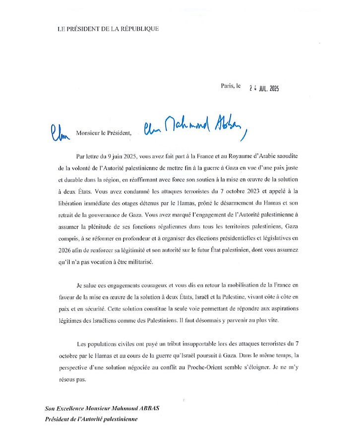 Emmanuel Macron's letter to the Palestinian Authority