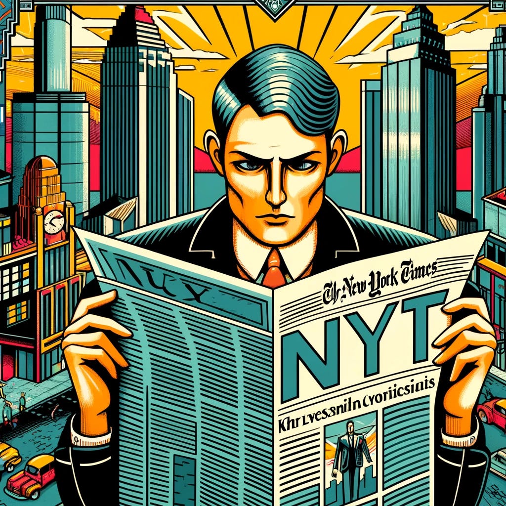 Create an Art Deco comic-style illustration to accompany an article about Nicholas Kristof's column in the New York Times. The image should feature elements of a bustling cityscape with stylized skyscrapers, and a newspaper with 'NYT' headline in bold. Include a figure resembling Nicholas Kristof, portrayed in an exaggerated comic style, holding the newspaper and looking contemplative. The background should have a mix of vibrant and muted colors, reflecting the contrasting themes of optimism and criticism discussed in the article. Use sharp lines and geometric patterns characteristic of Art Deco.
