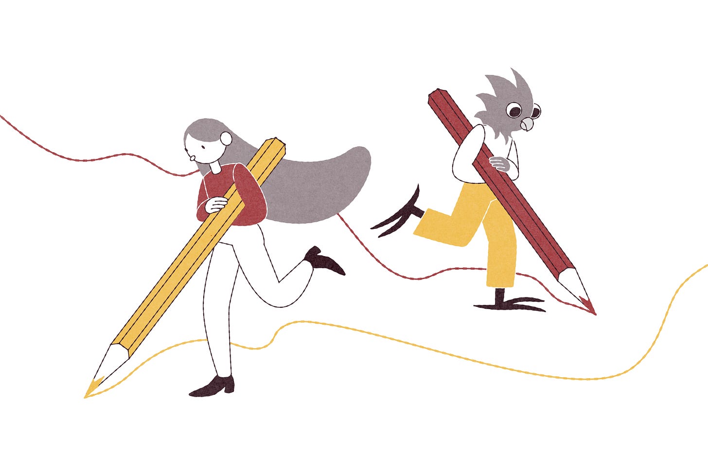 An illustration of a woman with long brown hair and a red sweater, and a bird-headed figure in yellow trousers both hold giant pencils, drawing lines across the floor and walls. An illustration of a woman with long brown hair and a red sweater, and a bird-headed figure in yellow trousers both hold giant pencils, drawing lines across the floor and walls.