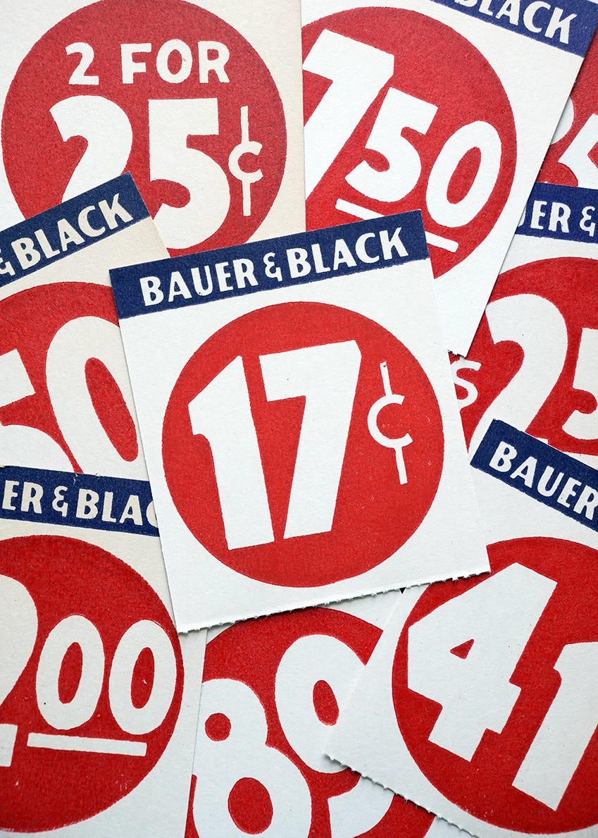 A collection of vintage Bauer & Black drug store price cards featuring bold white numerals on red circles, including prices of 17¢, 25¢, 75¢, and 2 for 25¢. Red, white, and navy colorway throughout.