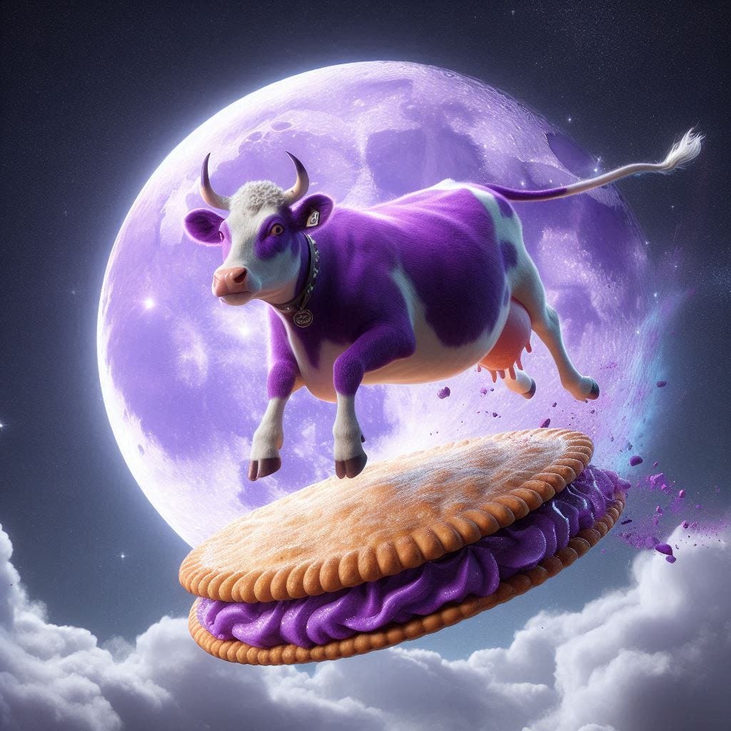 a purple cow jumping over a moon pie photorealistic