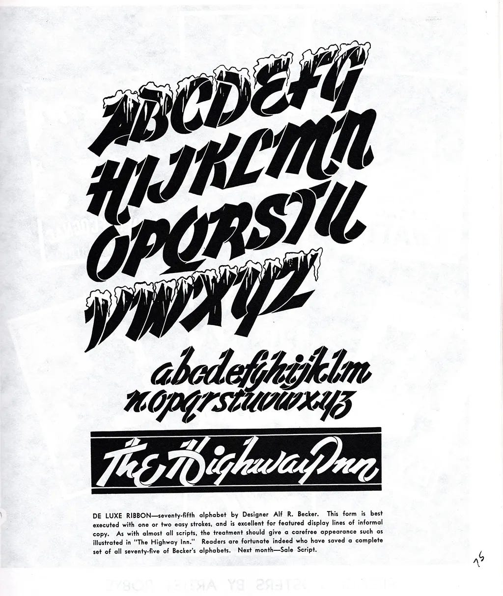 Alphabet No. 75 from Alf R. Becker's Signs of the Times series — De Luxe Ribbon, a bold italic display script with decorative ink-drip detailing along the tops of the letters, shown with a "The Highway Inn" sample application.