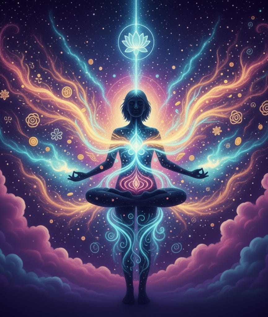 a gender-neutral silhouette and radiating auric energy, symbolizing the use of mindful breathing to regulate energy and heighten intuitive clarity