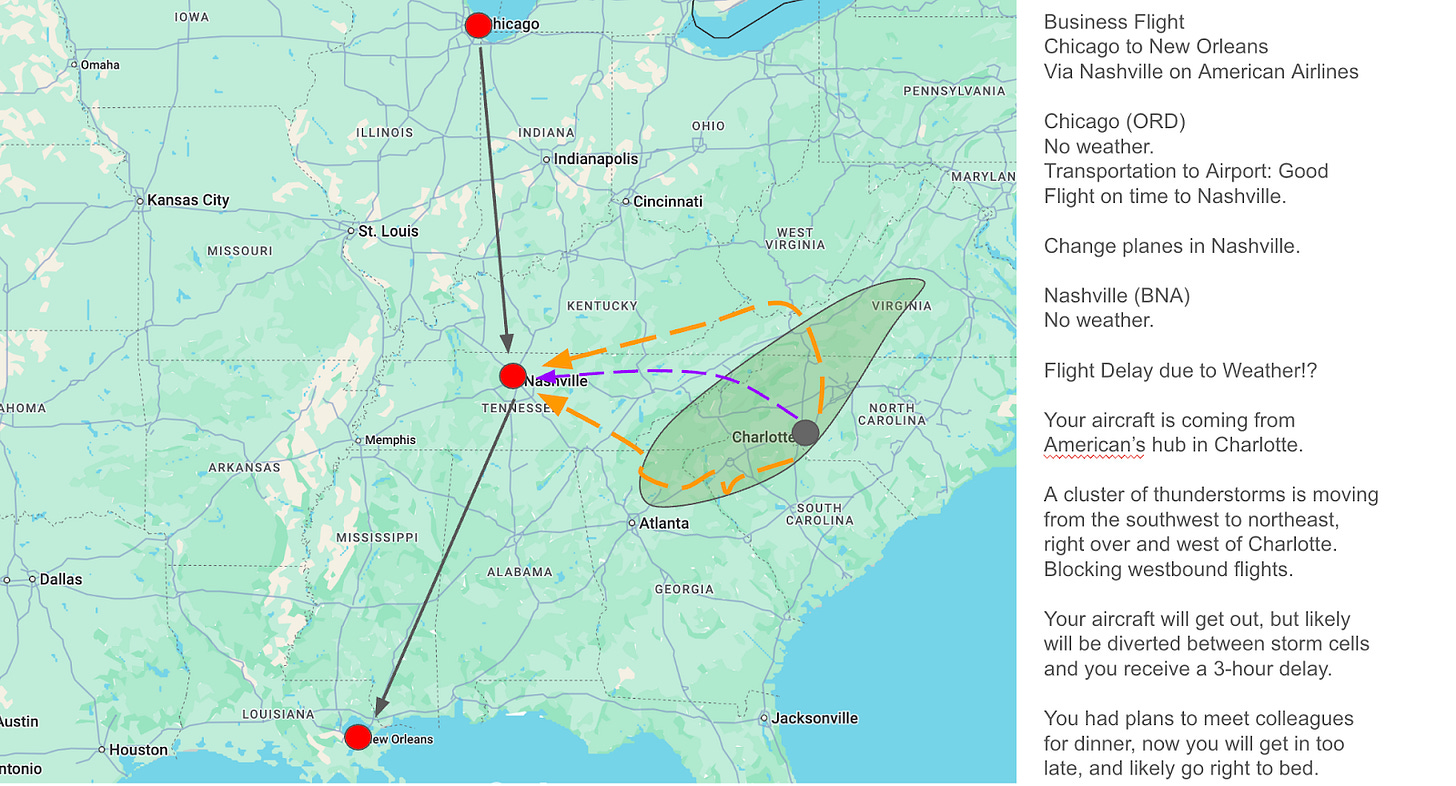 Map showing how flights from Charlotte to Nashville can be delayed due to storms. Map showing how flights from Charlotte to Nashville can be delayed due to storms.