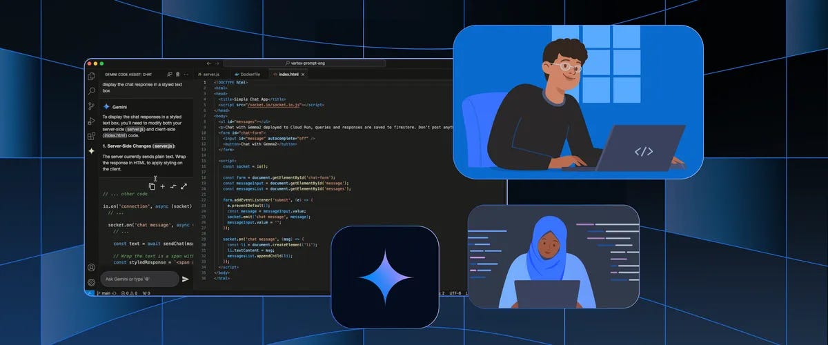 Dark-themed code editor with highlighted lines. Two inset panels show illustrated people working on laptops, one with a hijab. A sparkling icon is centered below.