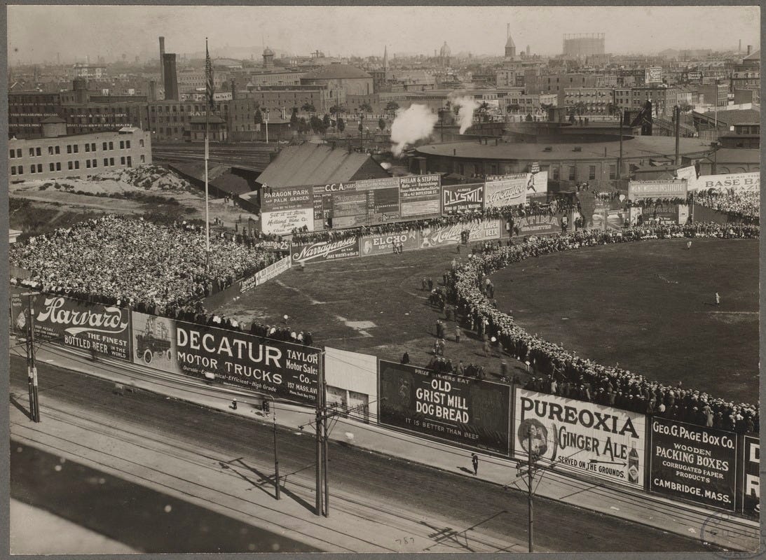 An orderly crowd rings the outfield at the Huntington Grounds. An orderly crowd rings the outfield at the Huntington Grounds.