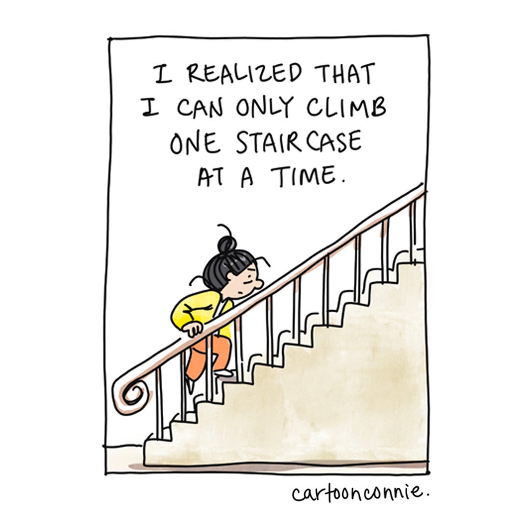 Panel 3 of a 4-panel comic strip illustrating a metaphor of climbing one staircase at a time and managing one's worries, one at a time. Titled "One Worry At A Time," by Connie Sun, cartoonconnie, 2025.