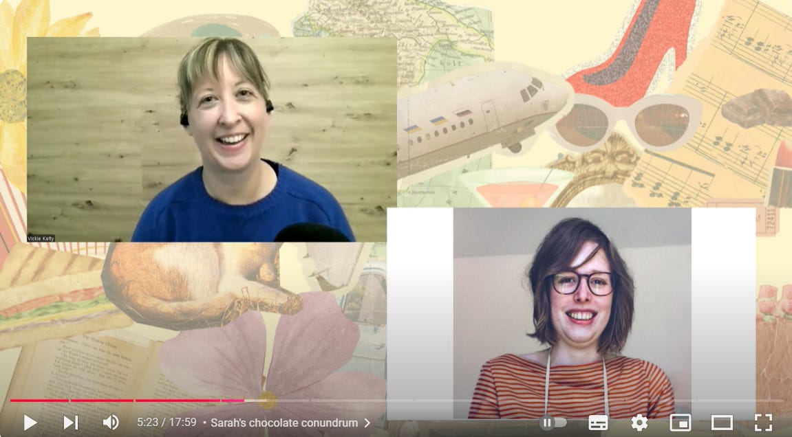 screenshot of video with Vicky in the top left corner, she's blond and wears a dark blue sweater, image of Sarah in right bottom corner, she's blond and wears a red stripy sweater. The background is yellow with a collage of travel and hobby related images.