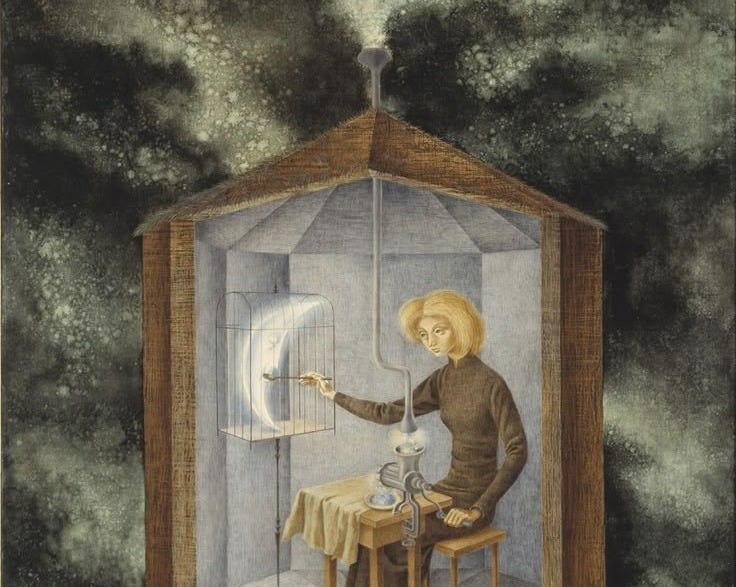 This may contain: a painting of a man sitting at a table in front of a mirror with the moon behind him