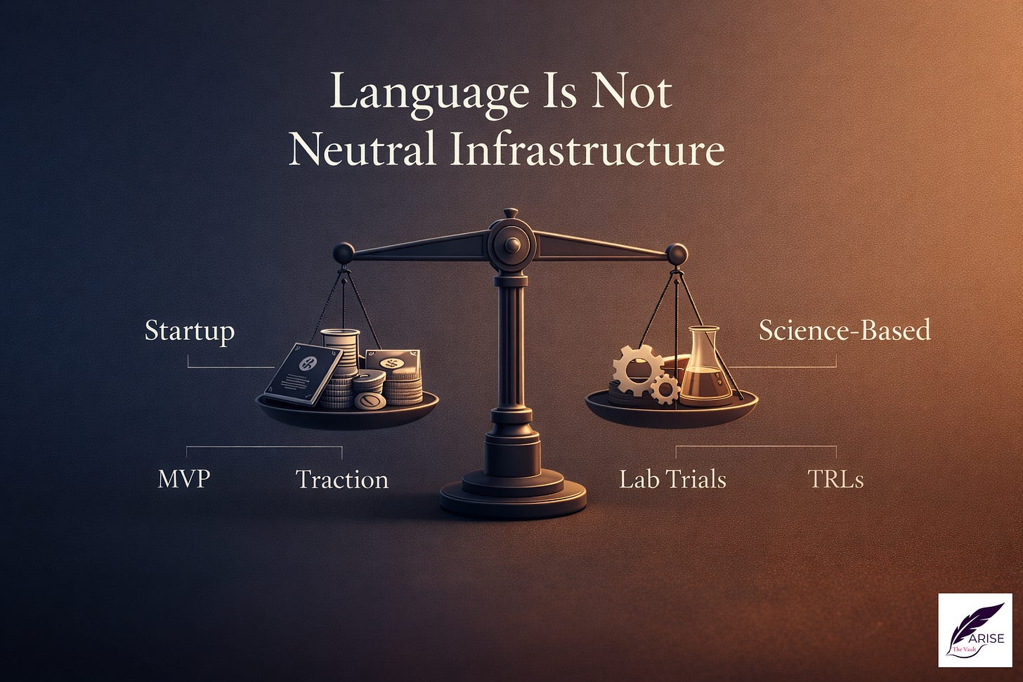 Minimalist horizontal illustration showing how language labels shape evaluation logic, funding decisions, and outcomes in deep tech innovation systems. Minimalist horizontal illustration showing how language labels shape evaluation logic, funding decisions, and outcomes in deep tech innovation systems.
