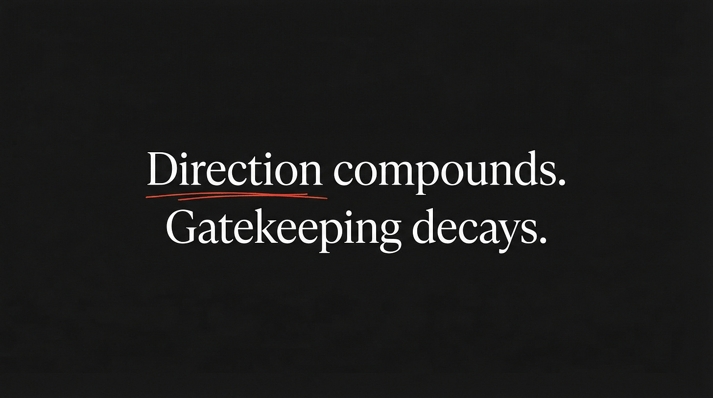Direction compounds. Gatekeeping decays. — vermillion underline beneath 'Direction' on dark canvas