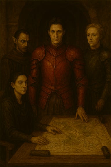 A dark fantasy image of a long war table inside a candlelit chamber. Maps are unfurled across the table, marked with troop movements and ancient symbols. Strahd, still mortal and visually reminiscent of Bill Skarsgård, stands tall at the head of the table in ornate crimson armor with black accents, his pale face intense and calculating. To his left stands Rahadin, visually reminiscent of Alexander Siddig but with elven features — angular face, pointed ears, and silver-threaded robes. To Strahd’s right stands Commander Aleksandra Gwilym, visually reminiscent of Gwendoline Christie with her natural blonde hair, clad in steel armor with a blue cloak, her posture proud and protective. The room is lit by flickering torches and a stained-glass window depicting a sun motif. The atmosphere is tense, regal, and steeped in ambition.