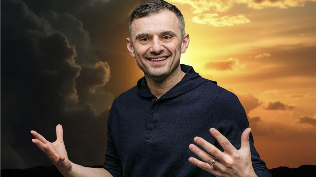 Gary Vaynerchuk smiling with storm clouds on one side and sunlight on the other, symbolizing emotional intelligence and balance between intensity and calm Gary Vaynerchuk smiling with storm clouds on one side and sunlight on the other, symbolizing emotional intelligence and balance between intensity and calm