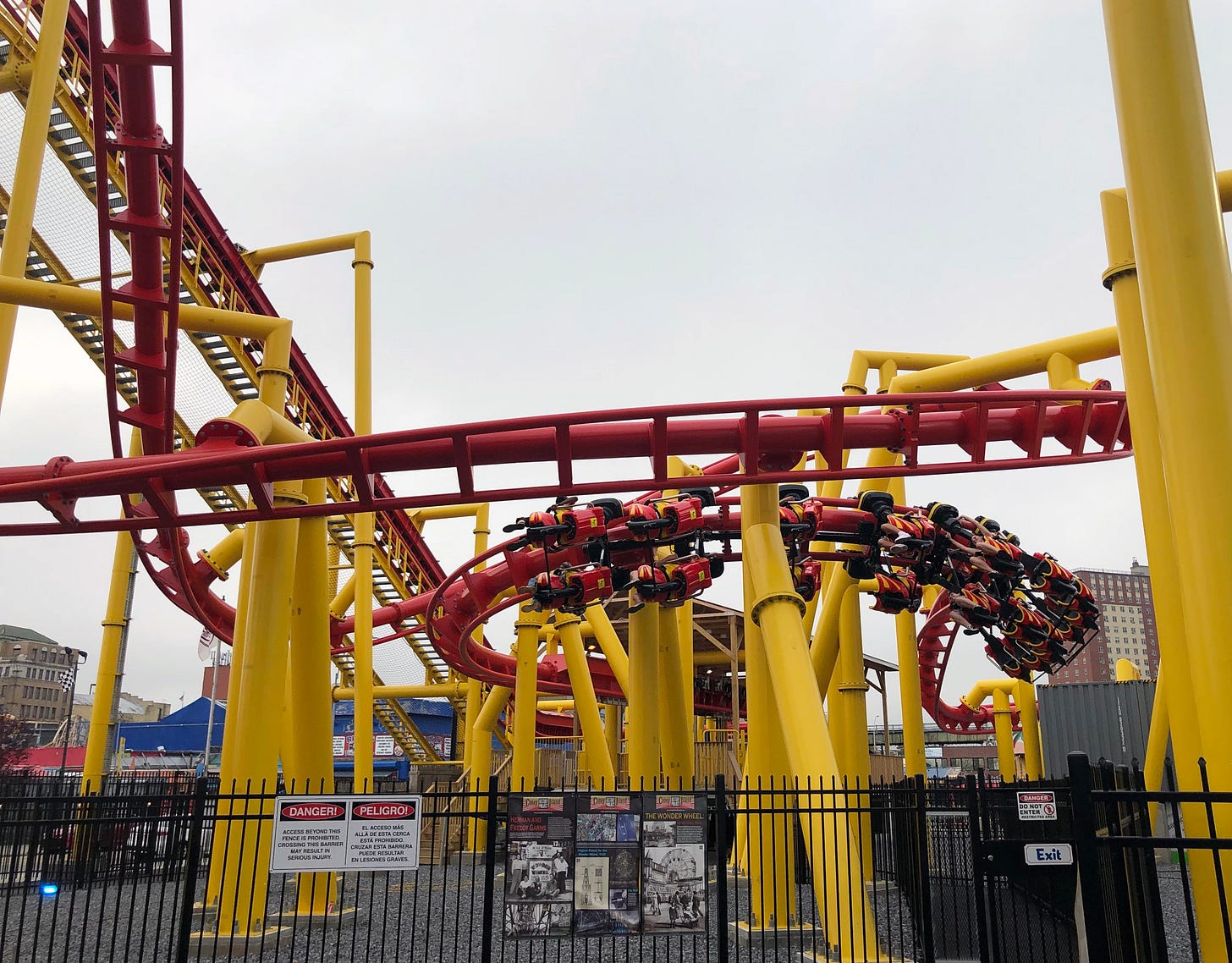 Phoenix roller coaster at Deno's Wonder Wheel Park makes a banked turn