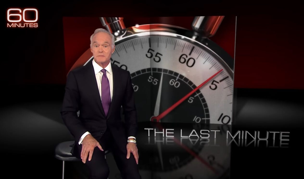 Video screenshot of Scott Pelley on the '60 minutes' set, seated on a stool in front of a screen with the iconic 60 Minutes closeup of a stopwatch and the chyron, 'The Last Minute.' Video screenshot of Scott Pelley on the '60 minutes' set, seated on a stool in front of a screen with the iconic 60 Minutes closeup of a stopwatch and the chyron, 'The Last Minute.'