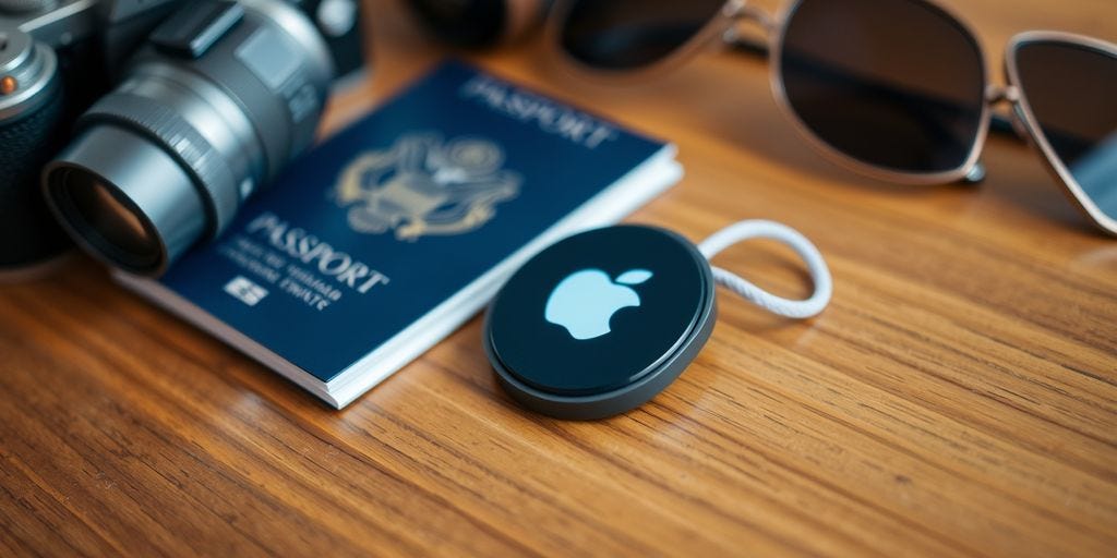 Apple AirTag on a table with travel items