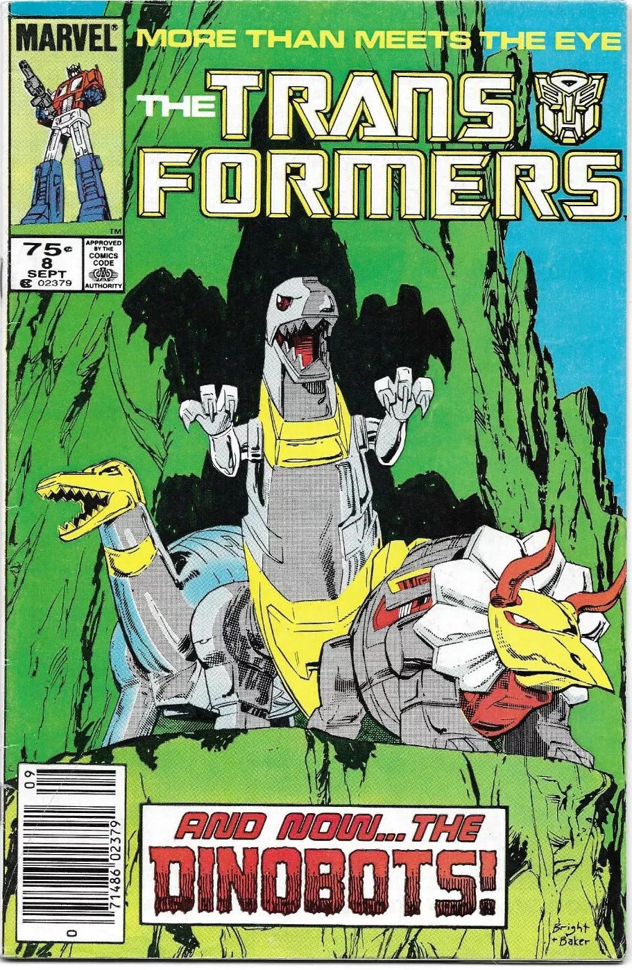 Cover art for Marvel Comics' Transformers #8 from 1985 featuring the Dinobots Grimlock, Slag, and Sludge. Artist: Mark Bright and Kyle Baker