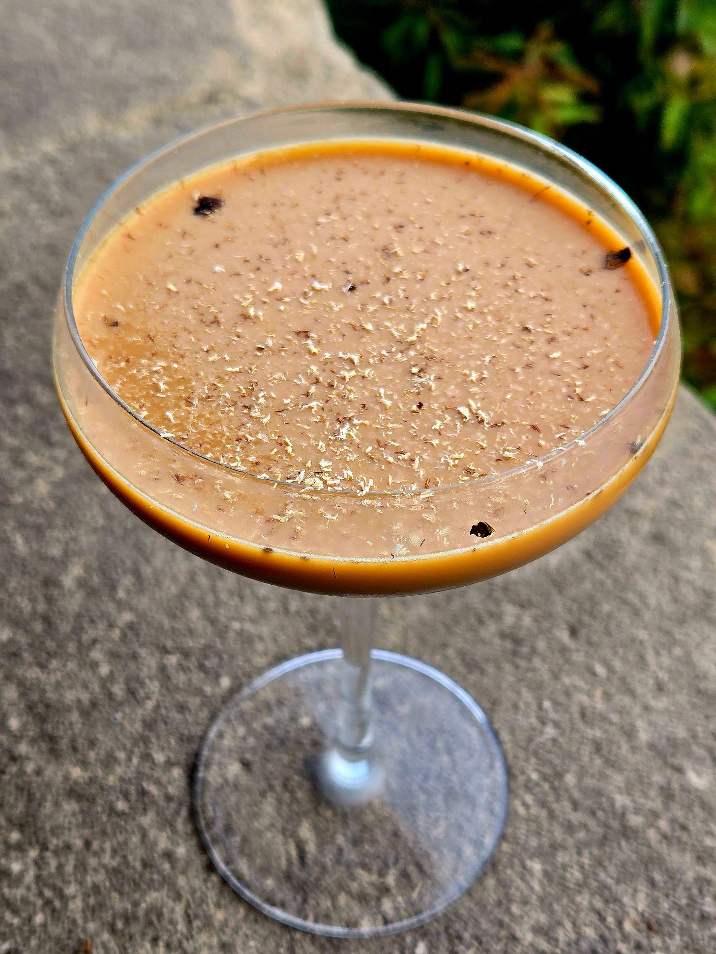 Mendoza Martini in a Coupe glass with tonka bean garnish sitting atop a stone wall. Mendoza Martini in a Coupe glass with tonka bean garnish sitting atop a stone wall.