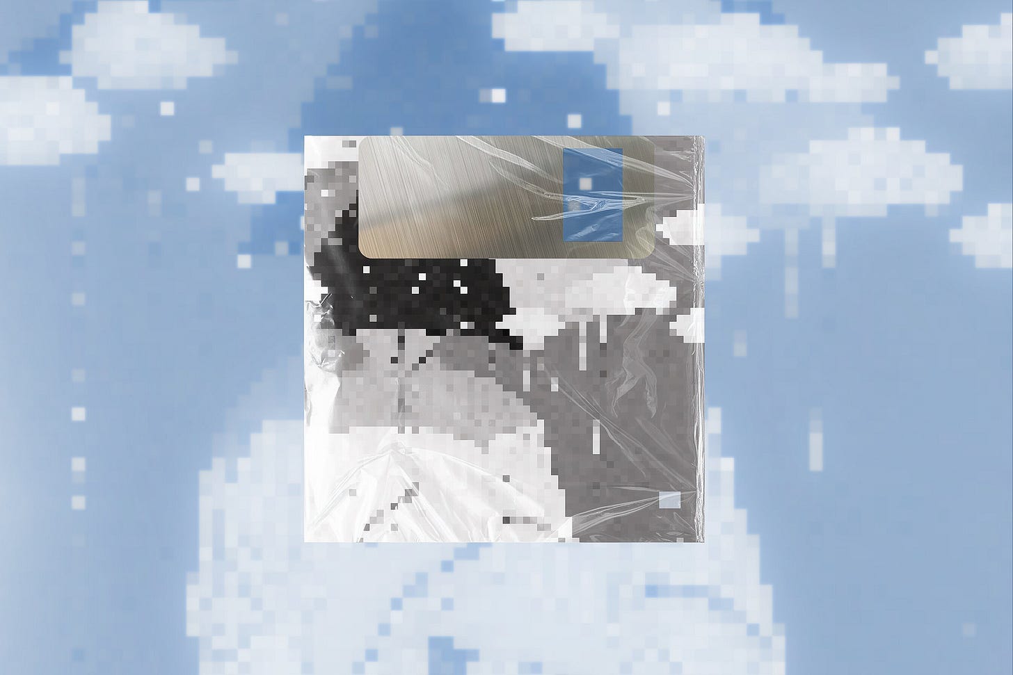 A tactile art layout featuring a square, 3.5-inch floppy disk inside a clear, creased plastic sleeve against a blurred background of blown-out, pixelated cloud and sky forms in shifting shades of sky blue, periwinkle, and soft white. The disk’s shell displays a low-resolution pixelated grayscale composition evoking a figure beneath heavy clouds and cascading pixels, created for “Man Under Running Sun.” Part of the Drawing Conclusions series at The Subtext Review.