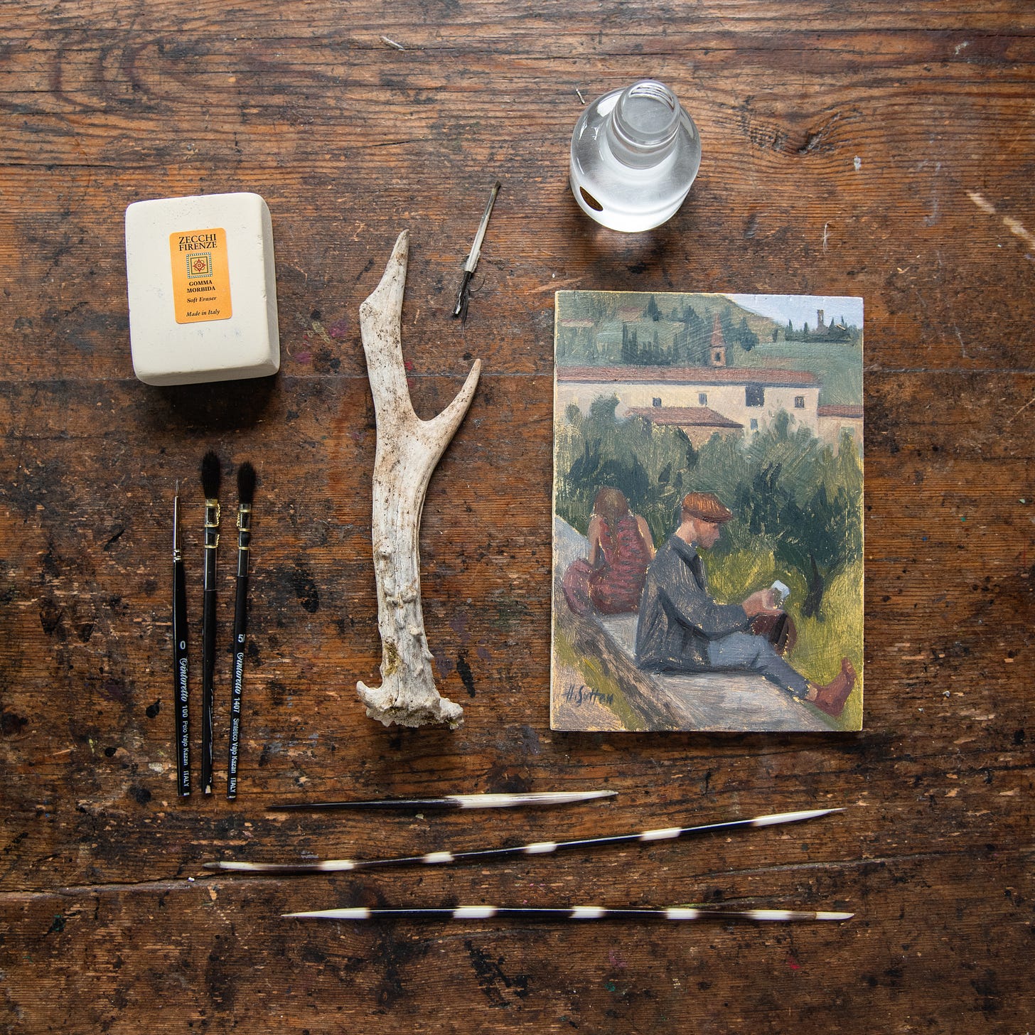 Antler, Porcupine Quills, Zecchi, Father Brush, Painting Hannah Sutton