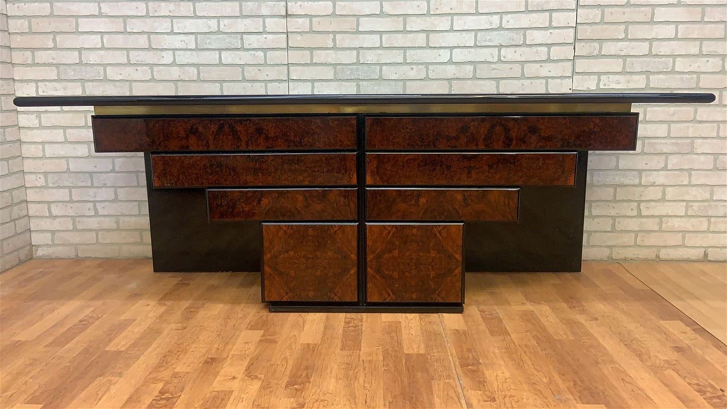 Vintage Art Deco Roche-Bobois Burled Olive Wood & Black Lacquer Credenza