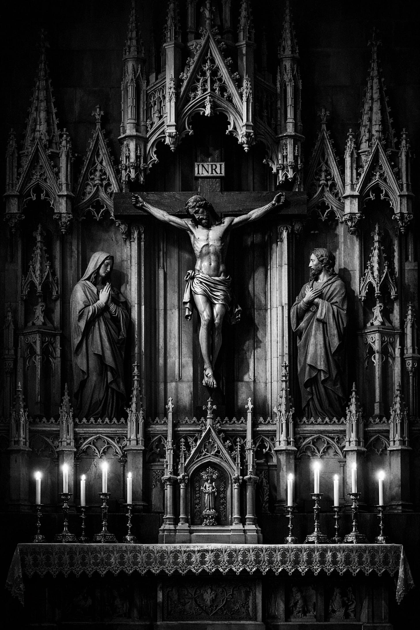 A traditional high altar and crucifix illustrating the objective beauty of Natural Law and Catholic faith.
