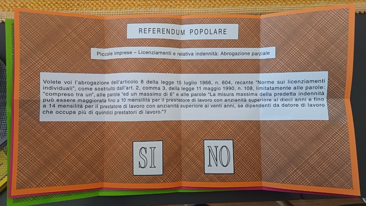 La scheda arancione aperta che mostra il quesito referendario numero 2, quello su licenziamenti e indennità nelle piccole imprese. Il testo descrittivo compare in chiaro dopo l'immagine.