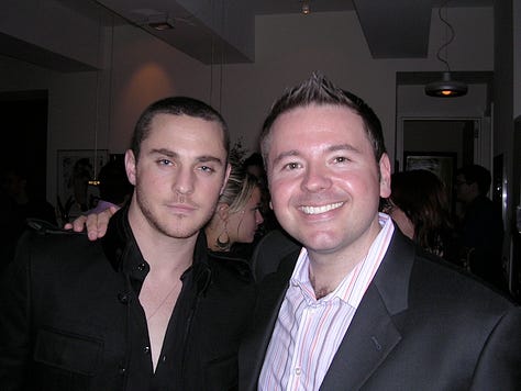 Matthew Rettenmund with Jonathon Trent & Derek Magyar, plus Jonathon Trent with Phil Lobel & Q. Allan Brocka, at the private Tribeca party in 2006 (Images by Matthew Rettenmund)