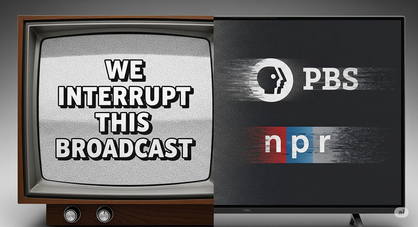 Split image of a vintage TV with static and a modern screen with PBS/NPR logos fading, symbolizing the decline of public media funding. Split image of a vintage TV with static and a modern screen with PBS/NPR logos fading, symbolizing the decline of public media funding.