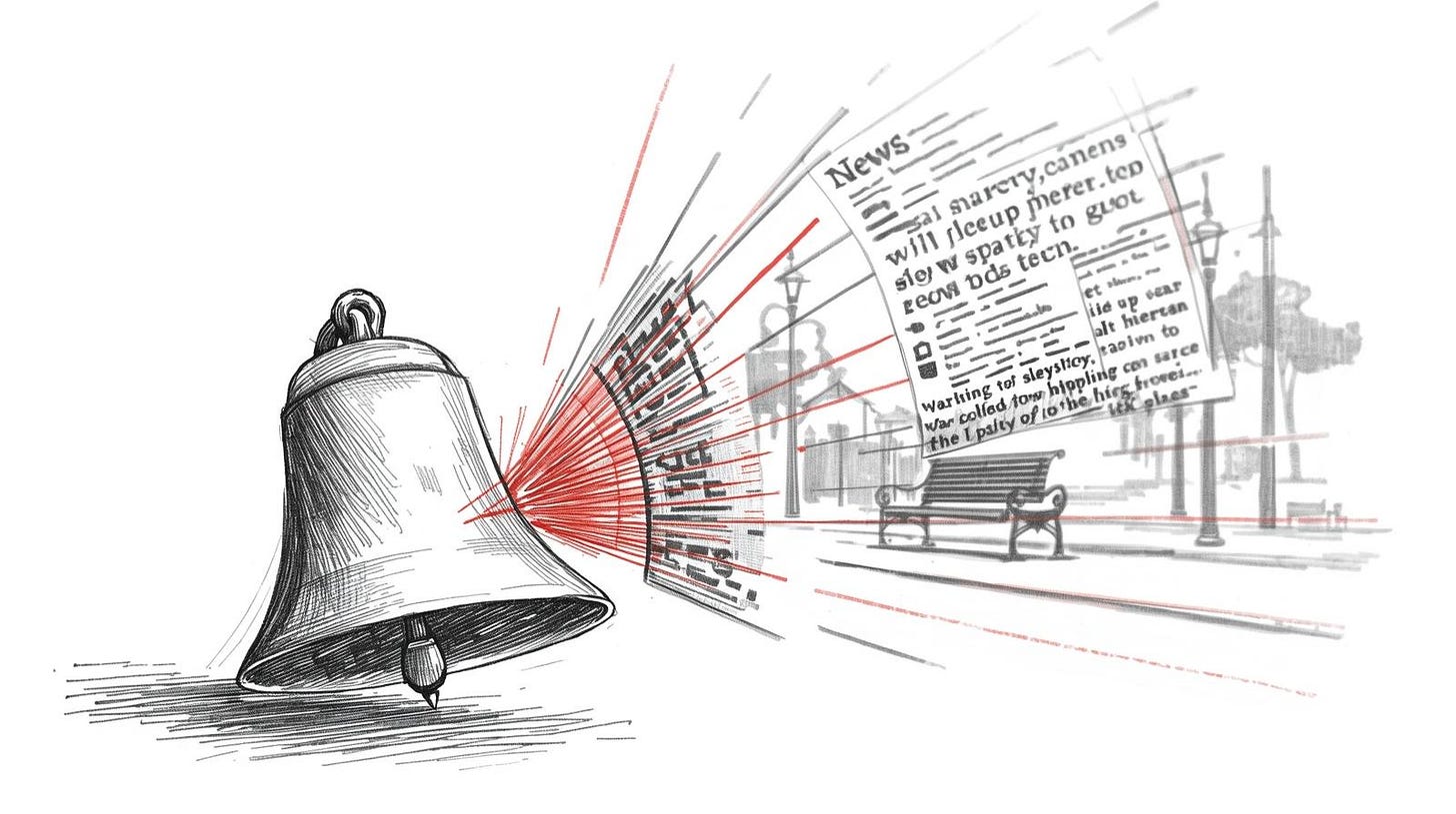 Alarm bell triggered by news feed while peaceful scenes sit ignored