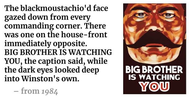 Quote from 1984: “The blackmoustachio’d face gazed down from every commanding corner. There was one on the house-front immediately opposite. BIG BROTHER IS WATCHING YOU, the caption said, while the dark eyes looked deep into Winston’s own. . . . In the far distance a helicopter skimmed down between the roofs, hovered for an instant like a bluebottle, and darted away again with a curving flight. It was the police patrol, snooping into people’s windows.” Quote from 1984: “The blackmoustachio’d face gazed down from every commanding corner. There was one on the house-front immediately opposite. BIG BROTHER IS WATCHING YOU, the caption said, while the dark eyes looked deep into Winston’s own. . . . In the far distance a helicopter skimmed down between the roofs, hovered for an instant like a bluebottle, and darted away again with a curving flight. It was the police patrol, snooping into people’s windows.”