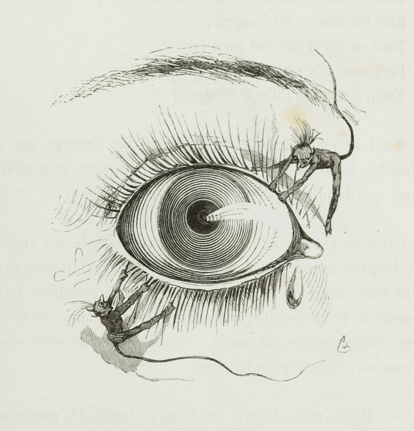 Devils pulling at the eyelashes surrounding an eyeball