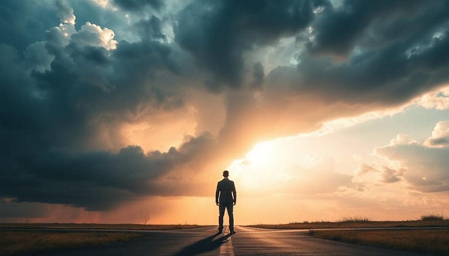 A lone figure stands at a crossroads beneath a sky split between bright, warm sunlight and looming, dramatic storm clouds, symbolising the balance between gratitude and suppressed emotions.
