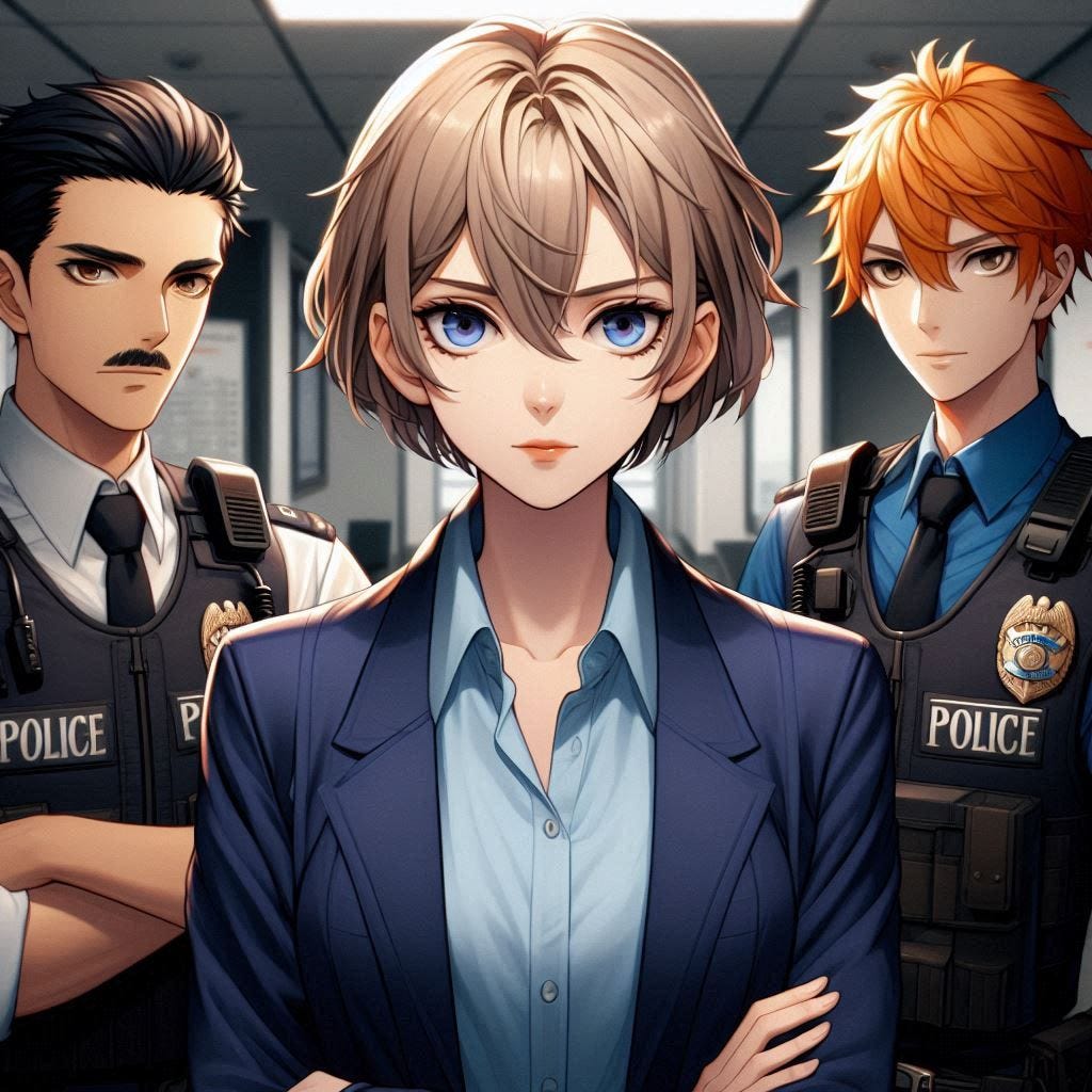 a young woman with short blond hair who is wearing a navy suit and pale blue button up shirt is staring at the camera while inside a police building. She also have two officers on her flank, one who has well combed black hair and a mustache and another who has bright orange hair. booth men look clean but rough. anime art style. dark. modern