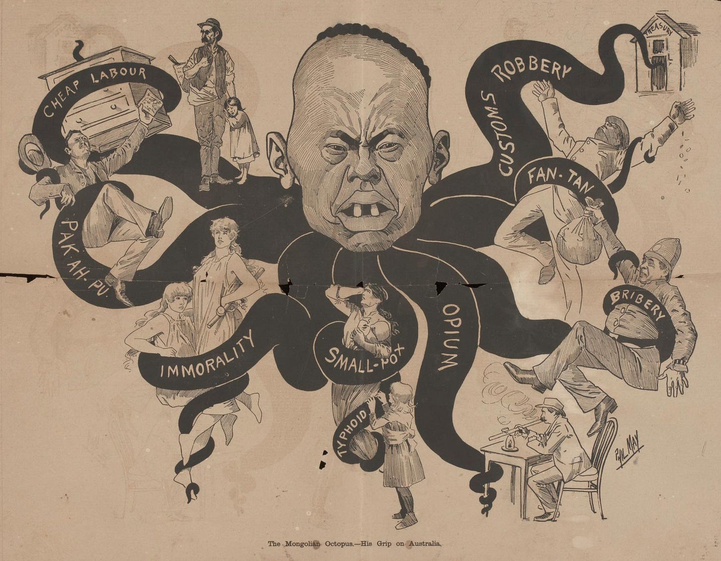 An anti-Chinese cartoon titled 'The Mongolian Octopus', published in the Bulletin in 1886 | Australia's Defining Moments Digital Classroom | National Museum of Australia An anti-Chinese cartoon titled 'The Mongolian Octopus', published in the Bulletin in 1886 | Australia's Defining Moments Digital Classroom | National Museum of Australia