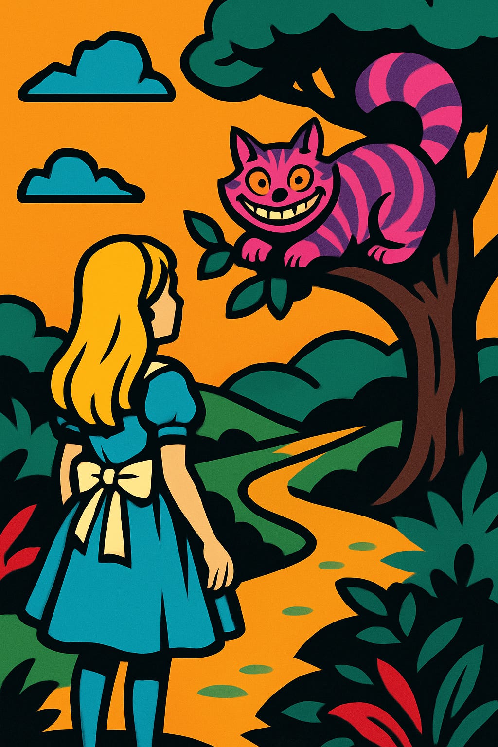 Flat vector scene of Alice and the Cheshire Cat with bold lines and vibrant colors.