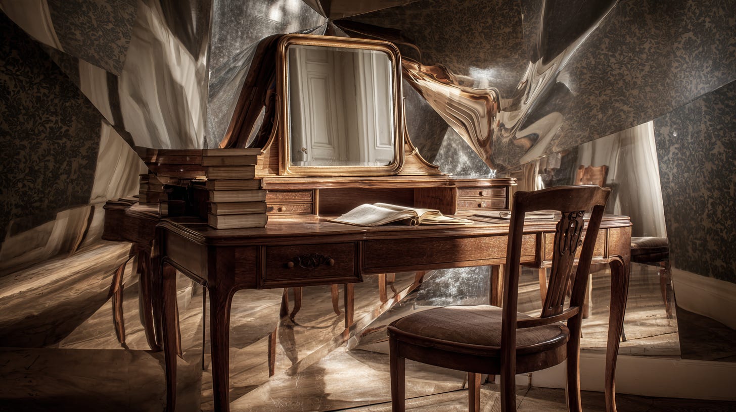 A beautiful writing desk in front of a funhouse mirror that distorts everything